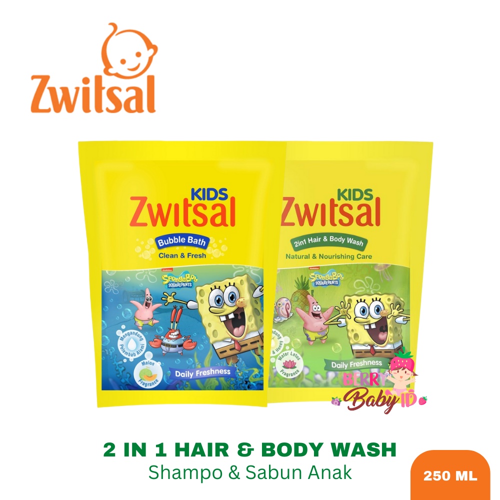 Zwitsal Kids 2in1 Hair &amp; Body Wash Spongebob Sabun &amp; Shampo Anak Refill Berry Mart