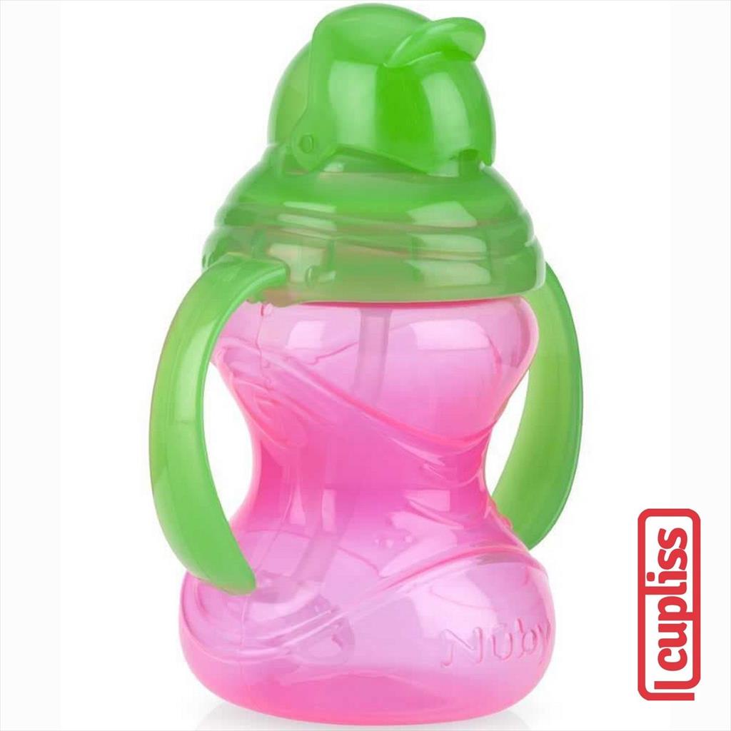 NUBY 123168 300 ml Twin Handle Flip it Straw Green Pink Botol