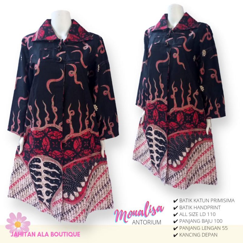 Tunik Batik Wanita Modern Atasan Dress Batik Kerja Premium Asli Solo Model Monalisa Antorium Lengan 