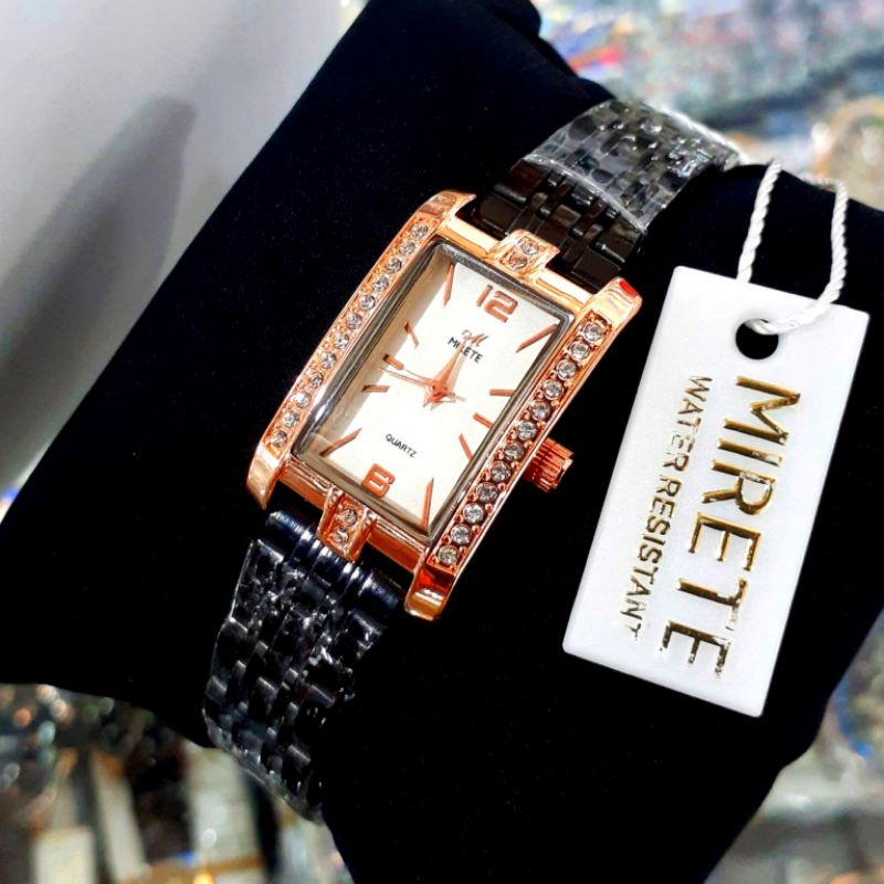 ( BESS SELLER) JAM Tangan Wanita Cantik Mirete Original Motif Permata Persegi Panjang Strap Rantai Stainlees Steel model KASUAL stainliss steel tahan air Free batre cadangan Jam Tangan Kasual Mewah Elegan Cewek Motif Permata / Jam Tangan Wanita mirete