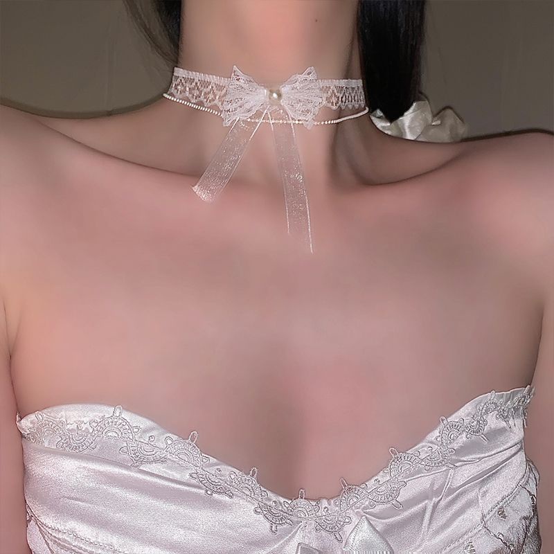 Suhao Busur Putih Renda Kerah Wanita Tali Leher Kalung Leher Aksesoris Kalung Premium Rasa Pantang Kalung Tali