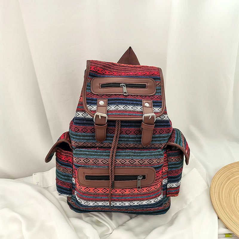 ☈❈●Seraser 2021 tren mode baru warna stripe retro gaya etnik ransel dengan ember ransel tas sekolah siswa