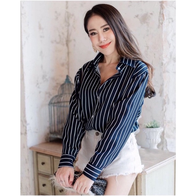 kemeja stripe wanita / kemeja salur bahan rayon / kemeja rayon stripe /