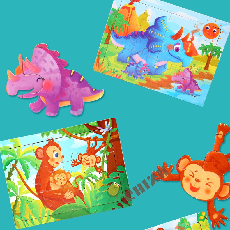 12 Pcs Wooden Jigsaw Puzzle | Puzzle Kayu Background 12 Keping | Puzzel 12pcs Hewan Binatang Dinosaurus Kendaraan Transportasi Kartun Lucu | Mainan Edukatif Edukasi Anak Balita Murah