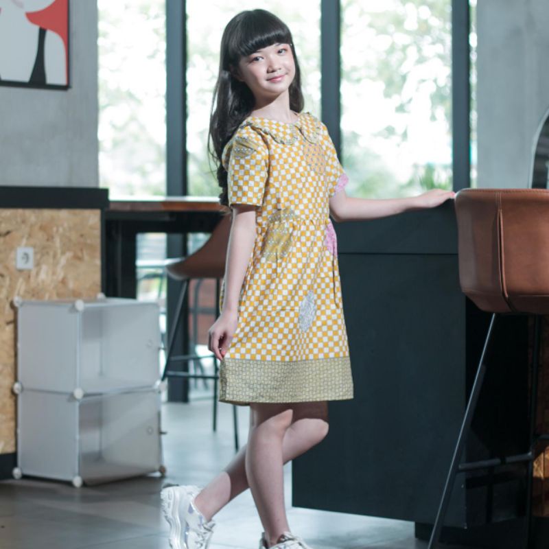 DRESS BATIK ANAK PEREMPUAN LURIK DADU MURAH SERI WARNA KUNING