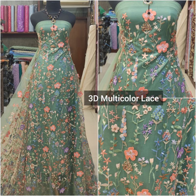 Kain Tile Brokat Bunga Timbul 3D Aplikasi warna warni Multicolor Sage