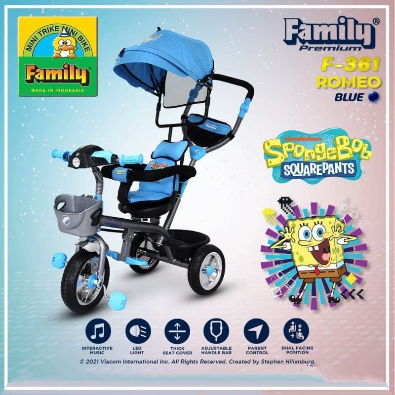 SEPEDA ANAK RODA TIGA FAMILY F-361 361 ROMEO IC MUSIC PAW POLISI SPONGBOB BLAZE NICKELODEON