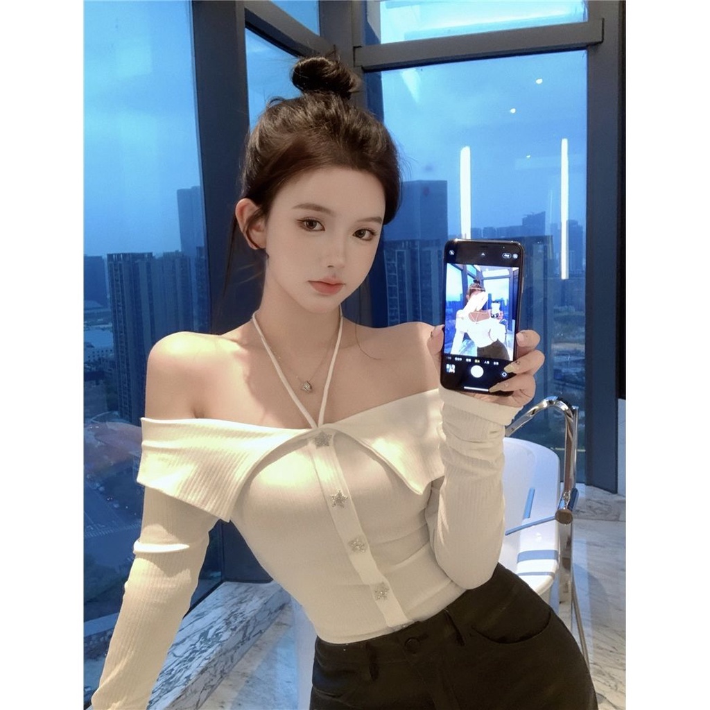 Suhao 2022 musim gugur baru keinginan murni angin halter desain top wanita slim fit off-the-shoulder lengan panjang T-shirt