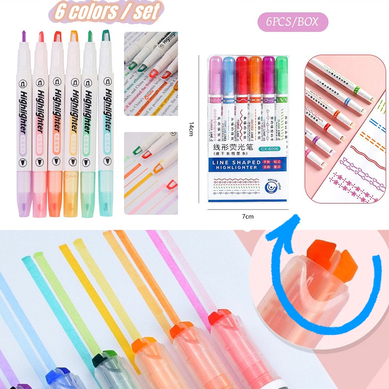 6pcs / Set Spidol Highlighter Warna Glossy Untuk Stationery Pelajar / Kantor