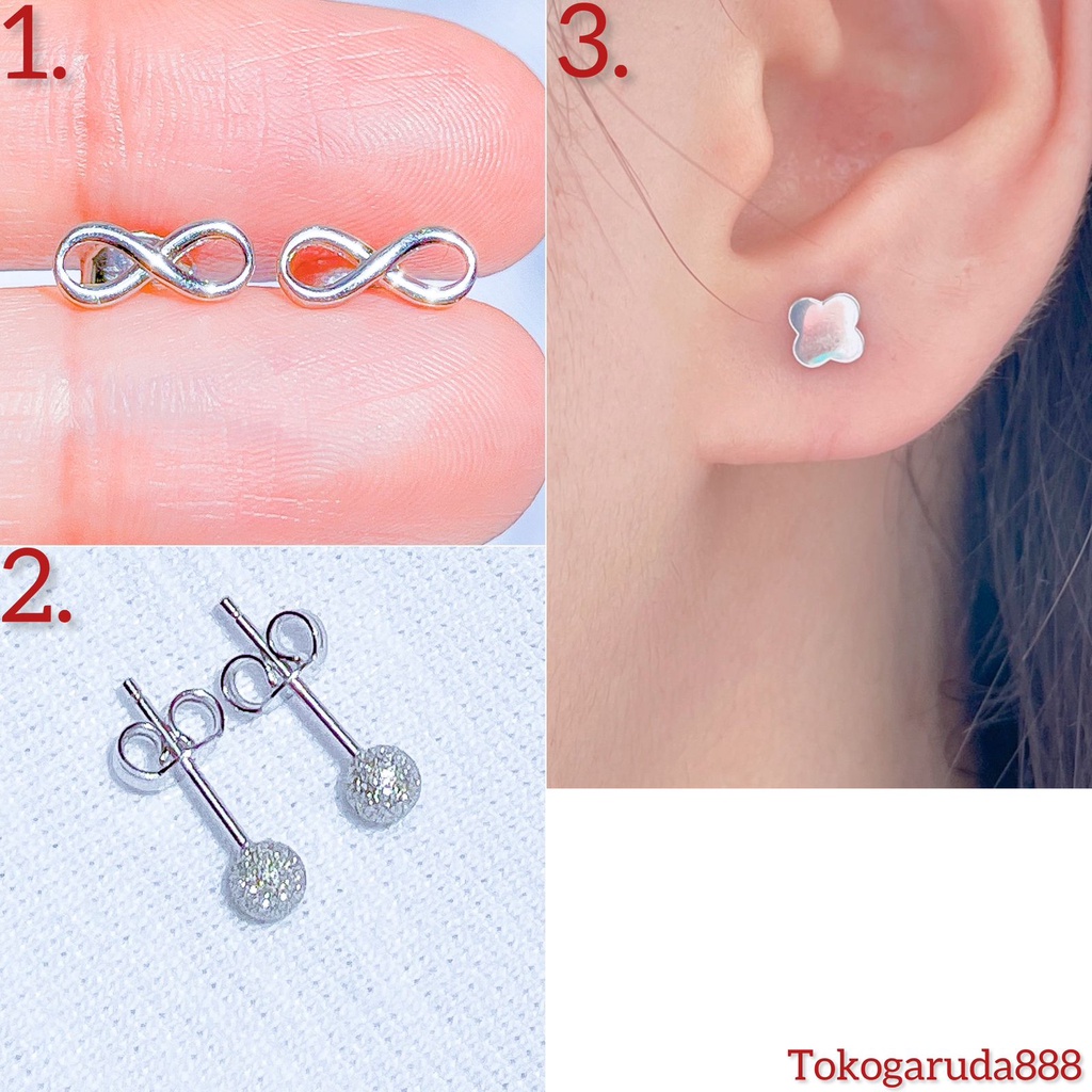 Anting paku anak dan dewasa emas asli kadar 750 75 17k whitegold infinity boba clover branded tanpa permata mas putih lokal delapan tidur bola stud cucuk duduk