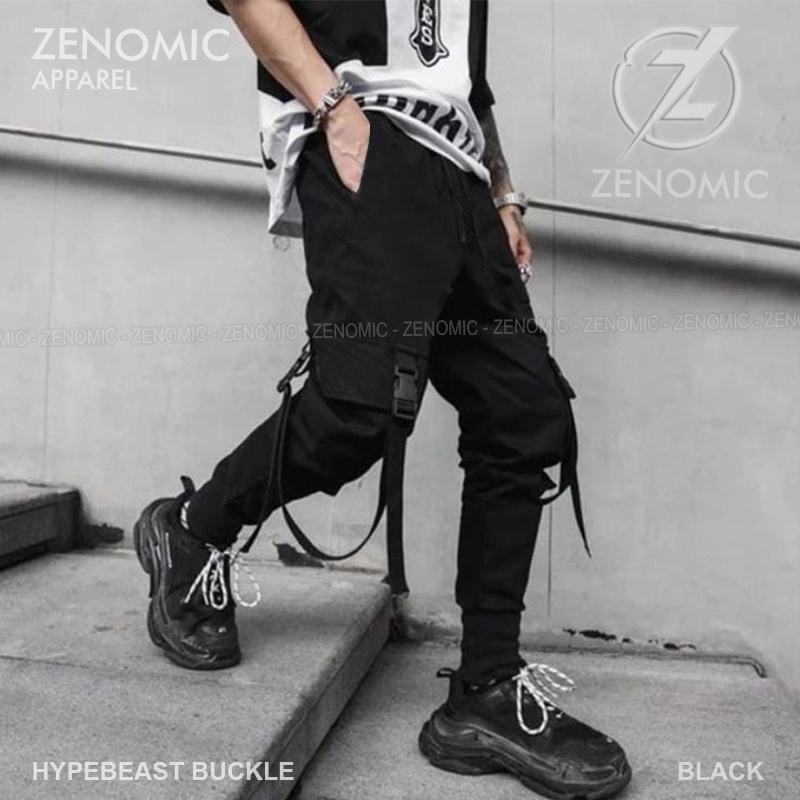 Jual Celana Cargo Jogger Hypebeast Buckle Zenomic Distro Slim Fit Black ...