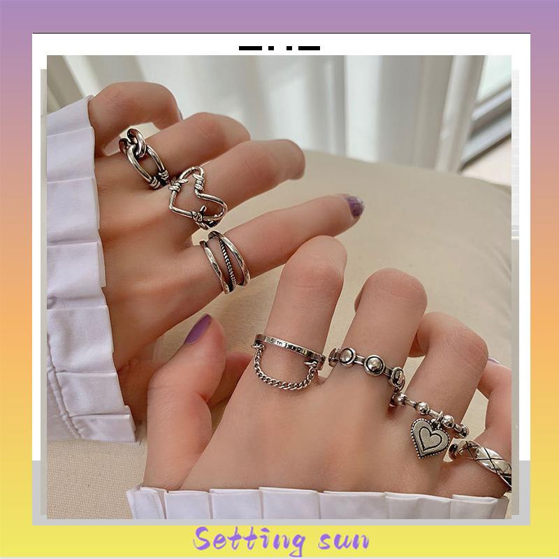 7Pcs/Set Perhiasan Cincin Rantai Cinta Fashion Korea Vintage Adjustable Gaya Untuk Wanita TN