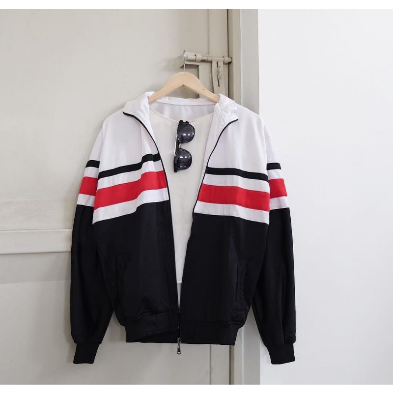 Jaket tracktop putih hitam garis merah