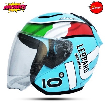 HELM HALF FACE MOTIF LEOPARD AQUA BLUE VISOR BENING KBS MLA DJMARU KACA SINGEL VISOR SNI FREE PACKING COD