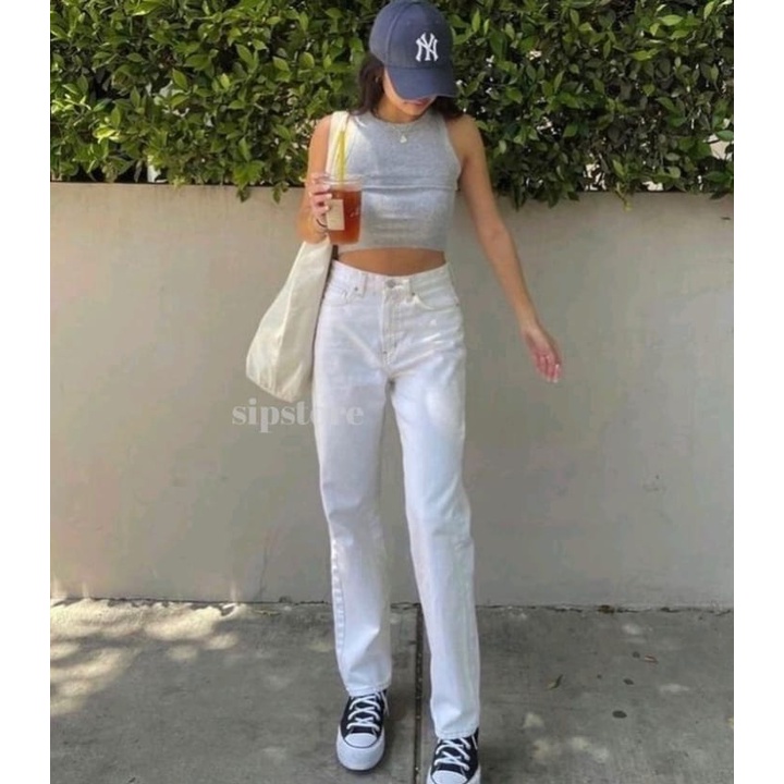 BOYFRIEND JEANS PUTIH CELANA WANITA HIGHWAIST BAGGY JEANS KEKINIAN