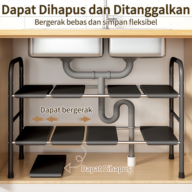 Rak dapur stainless steel yang dapat ditarik di bawah rak panci wastafel rak multifungsi