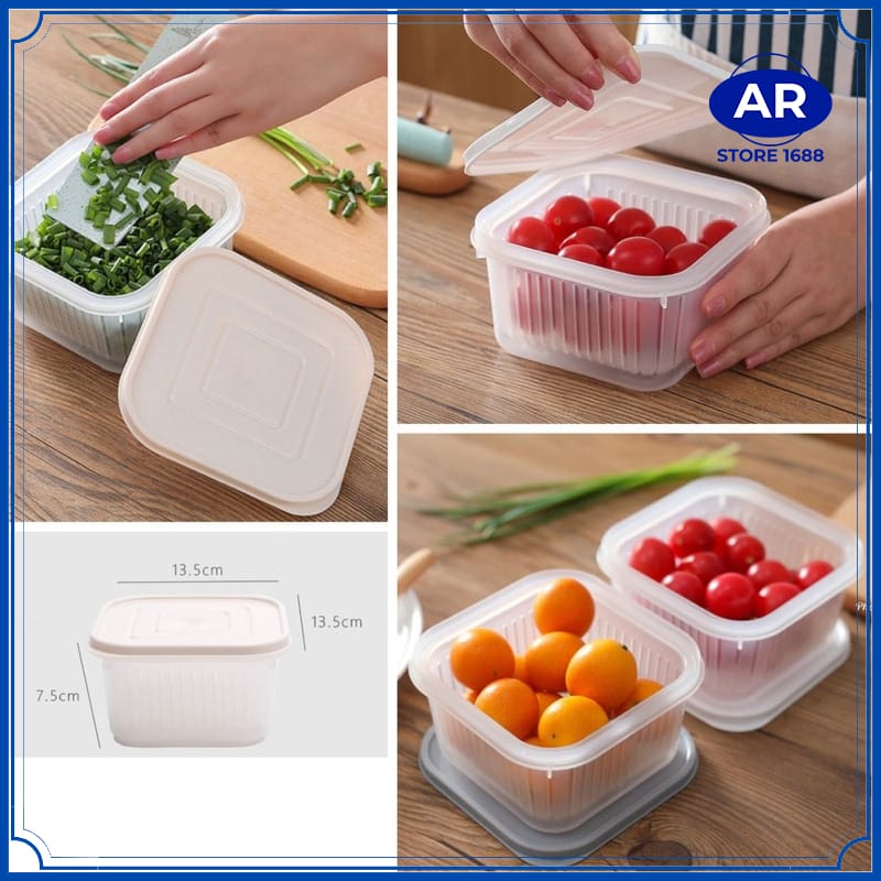 Tempat Penyimpanan Cabai Bawang Dengan Saringan SEGI 4 Pengering Sayuran Saringan Serbaguna Kotak Tiris Buah Kulkas Multifungsi-[AR STORE1688]
