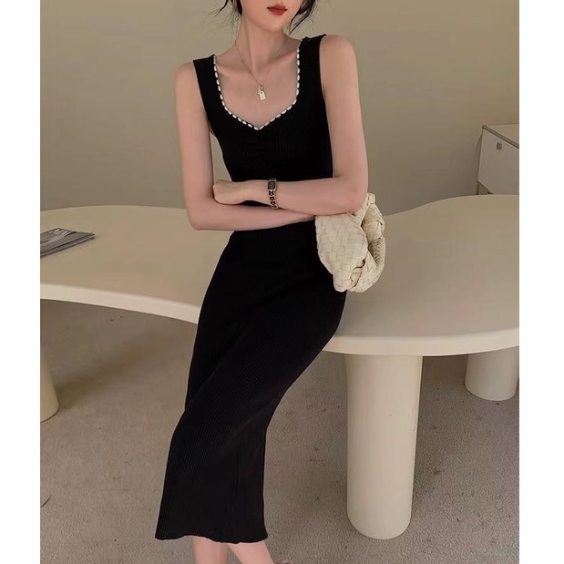 【Elegant】Korean Solid Sleevless Bodycon Midi Dress 7208