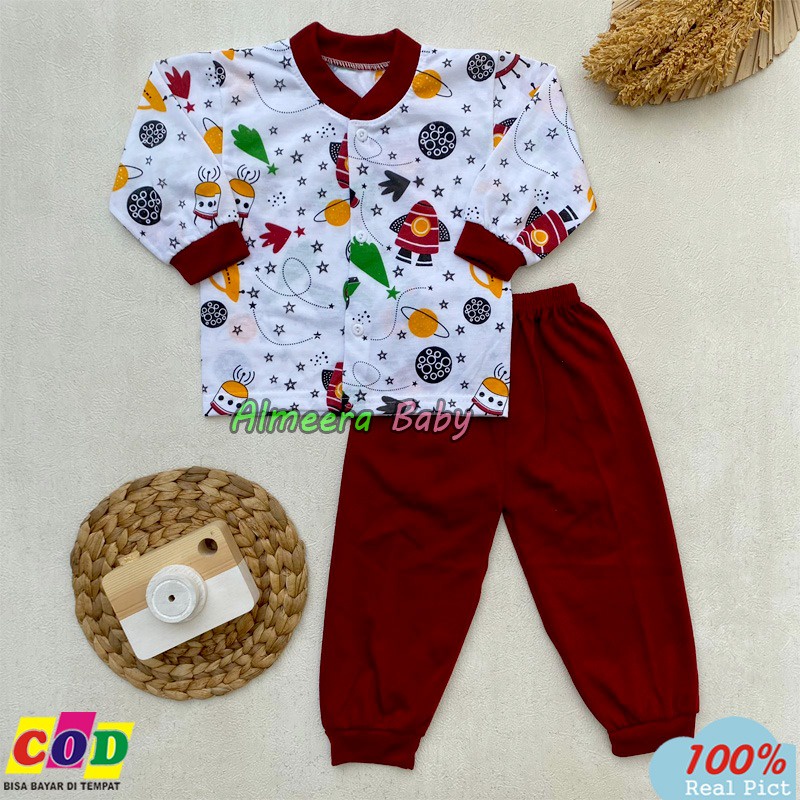 Setelan Baju Bayi Piyama Bayi Kancing Depan Motif Unisexs Usia 3-12 Bulan Almeera Baby and Kids