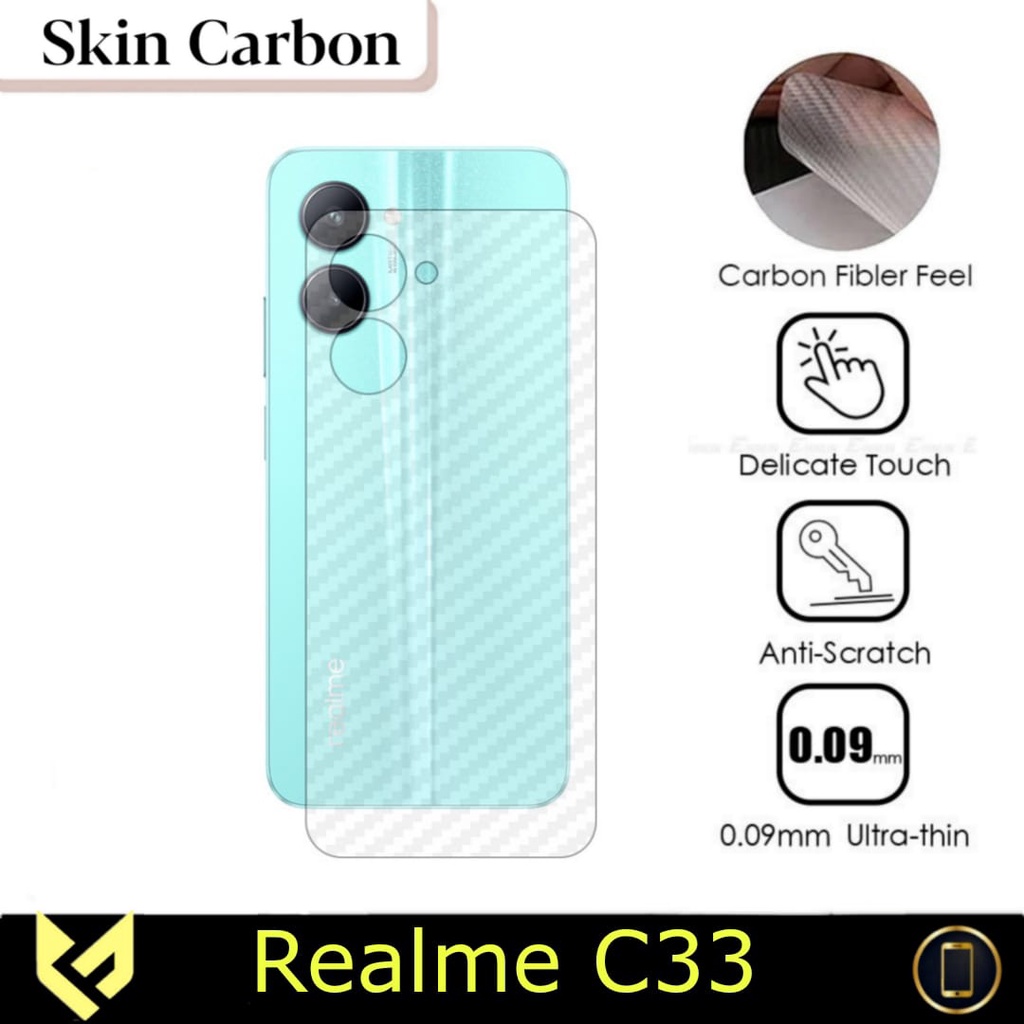 (PROMO PAKET 2IN1) REALME C33 Anti Gores Layar Free Skin Carbon Pleindung Body Belakang Handphone