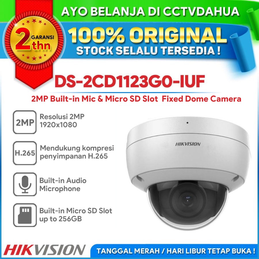 HIKVISION DS-2CD1123G0-IUF 2MP BUILT IN AUDIO &amp; MICRO SD SLOT UP TO 256GB FIXED DOME NETWORK CAMERA GARANSI RESMI