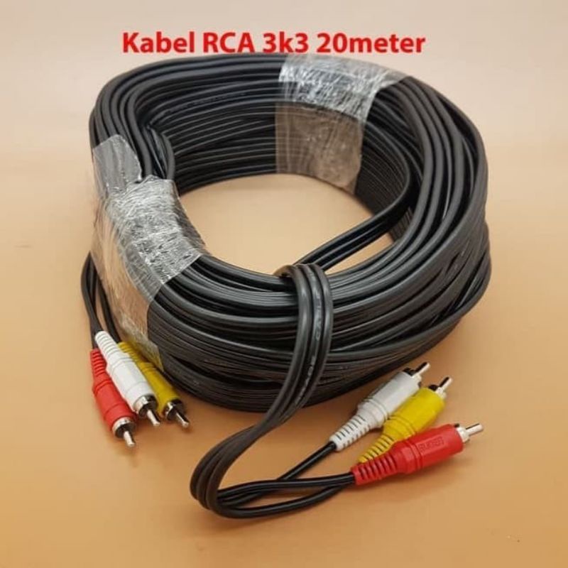 Kabel RCA audio video 3-3 20 meter/ jack rca av 3-3 dari dvd ke tv Hitam