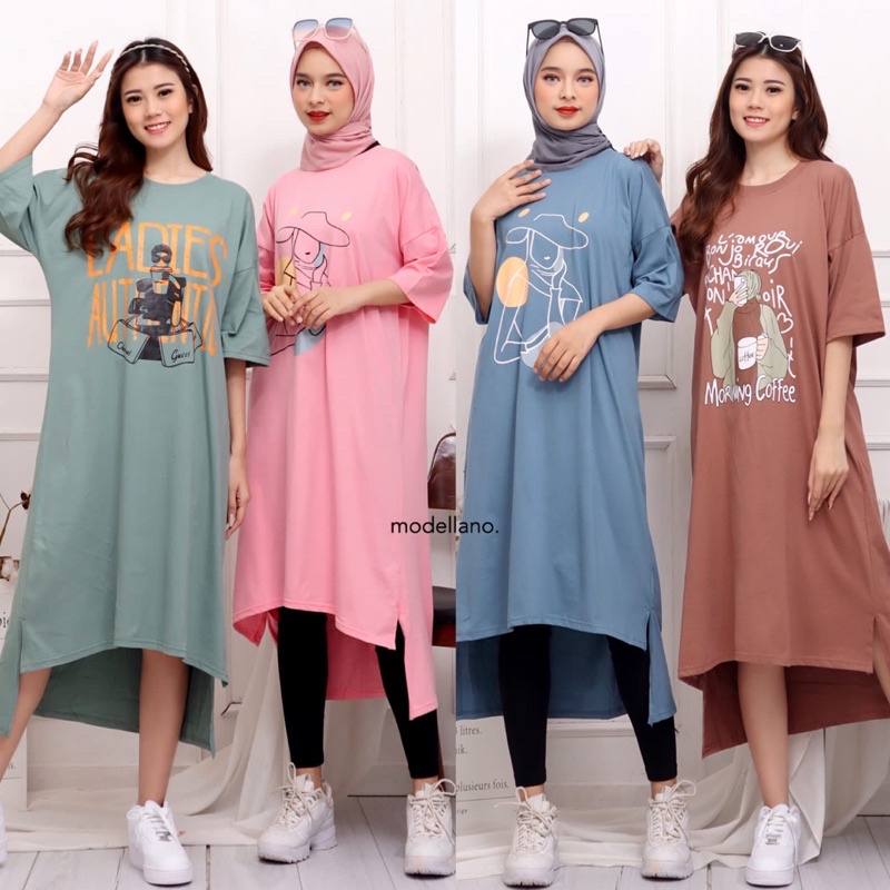 TUNIK COMBED DRESS MIDI MOTIF SABLON GAMBAR BASIC OVERSIZED PANJANG LONG KAOS DRESS TSHIRT POLOS KATUN KAOS TUNIK SIMPLE KOREAN