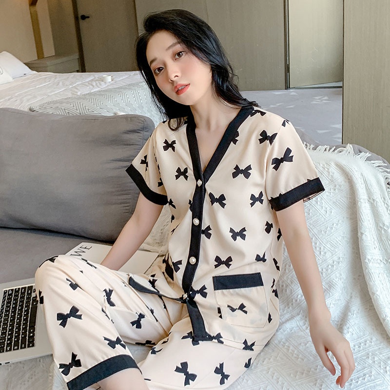 TELLY ➡️ 341set baju tidur Baru musim panas es sutra piyama wanita atasan lengan pendek + celana setelan homewear