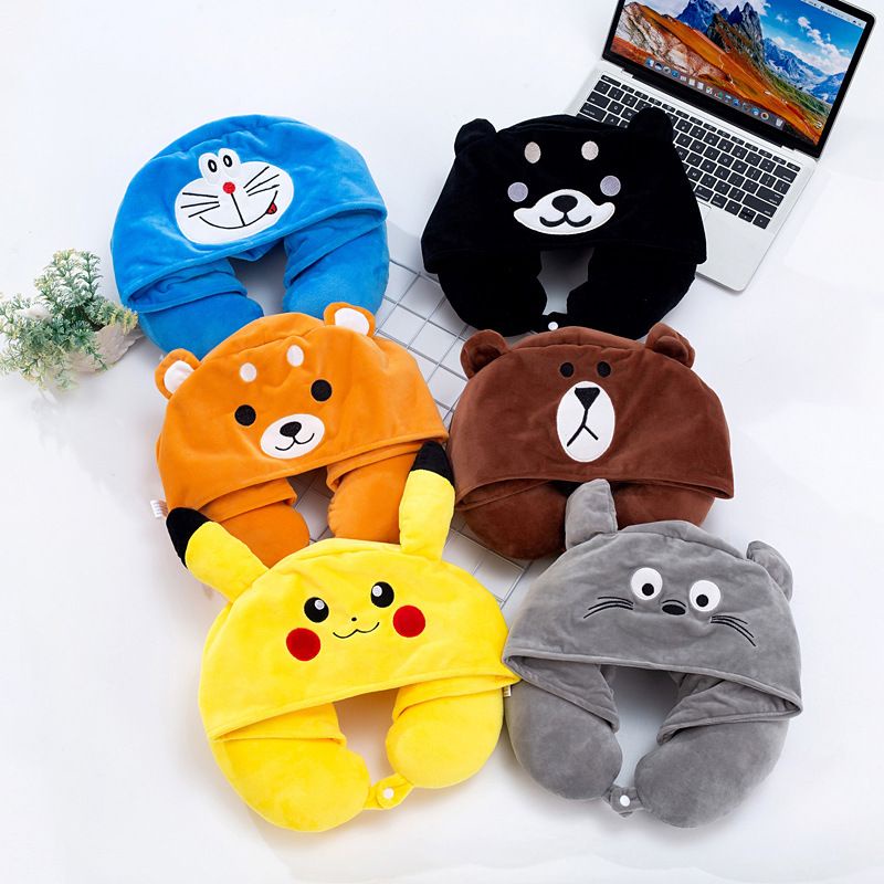 BANTAL LEHER BONEKA PIKACHU STITCH TOTORO DORAEMON RILAKKUMA NECK PILLOW TRAVEL IMPOR