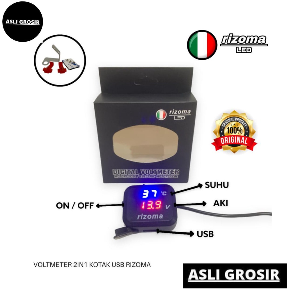 Voltmeter Rizoma Kotak Suhu Aki Usb Led Biru Merah Universal Motor Mobil