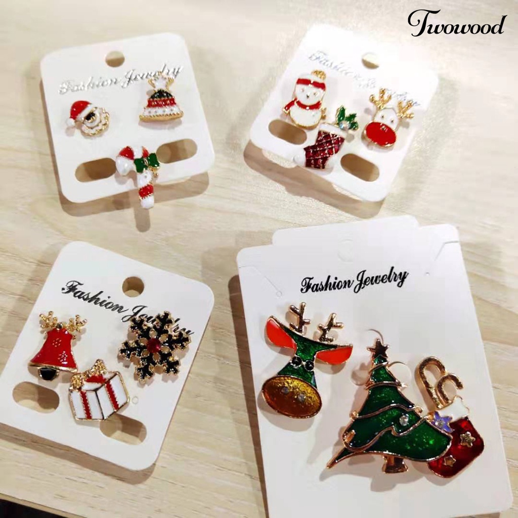 3pcs / Set Pin Bros Berlian Imitasi Warna-Warni Desain Santa Claus Bell Rusa Snowflake Pohon Natal