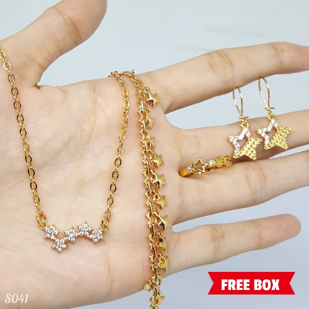 PGX Set Perhiasan Xuping Cincin Gelang Kalung Anting Lapis Emas - S041