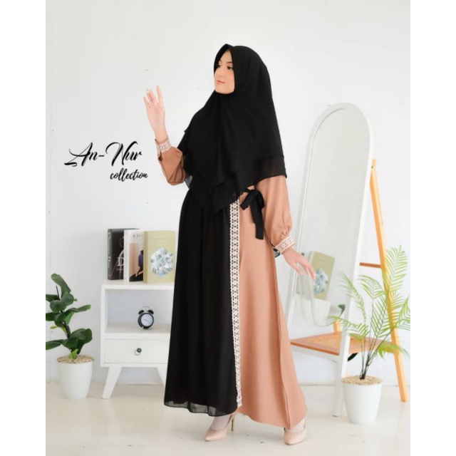 Gamis Marwah Annur set Khimar syari Itycrepe premium mix Ceruty babydoll Renda cantik ootd fashion wanita masa kini