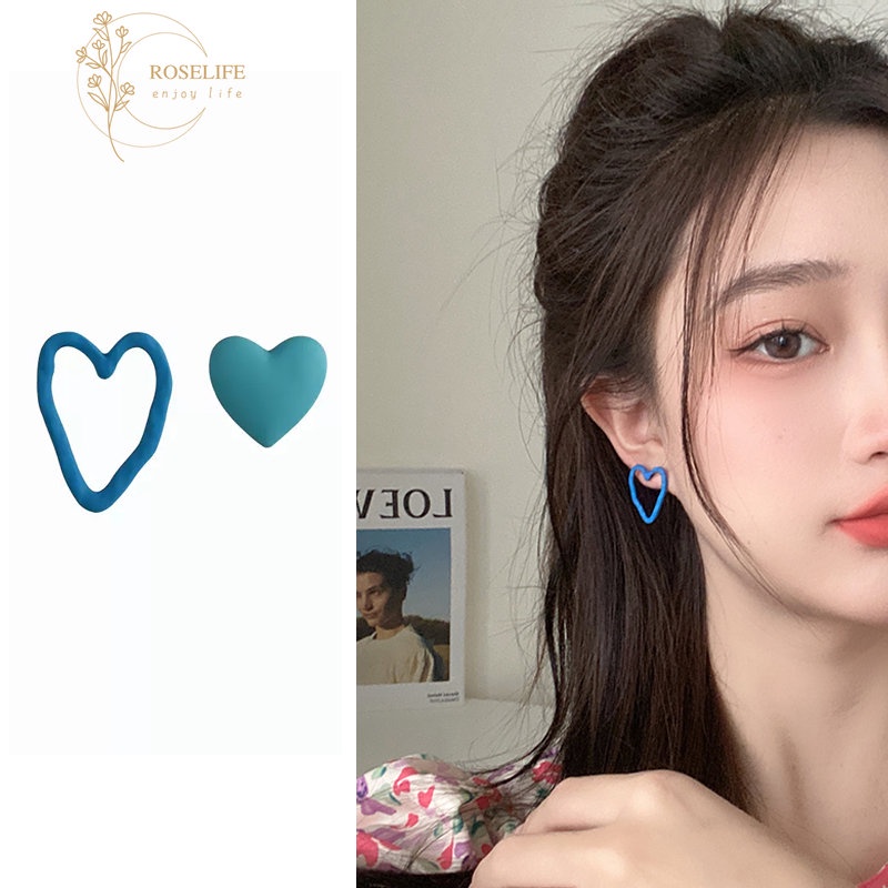 Anting Stud Bentuk Hati Asimetris Warna Biru Peach Gaya Korea Untuk Wanita