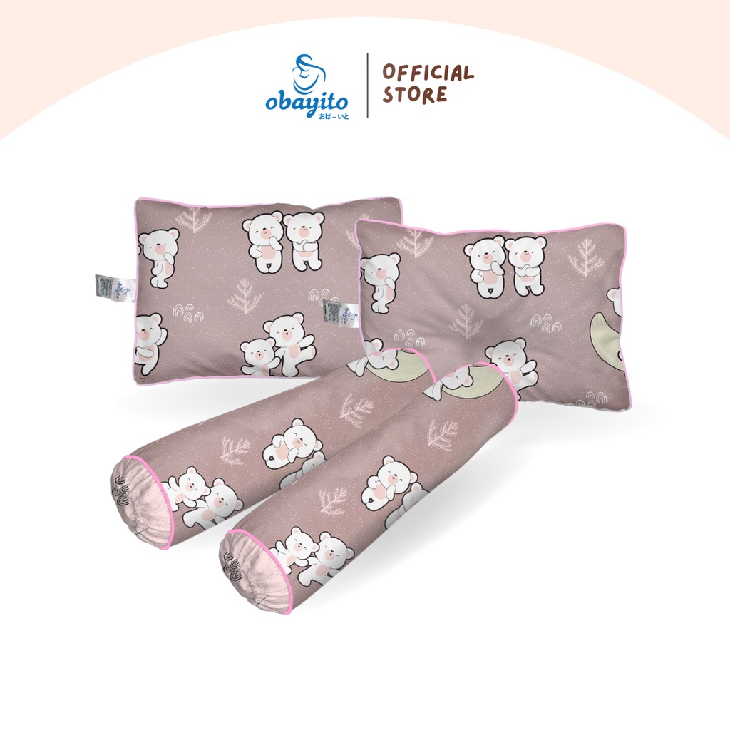 Obayito Bantal Set Bayi Isi 4 terdiri dari 1 buah bantal baby, 1 buah bantal peang dan 2 buah guling