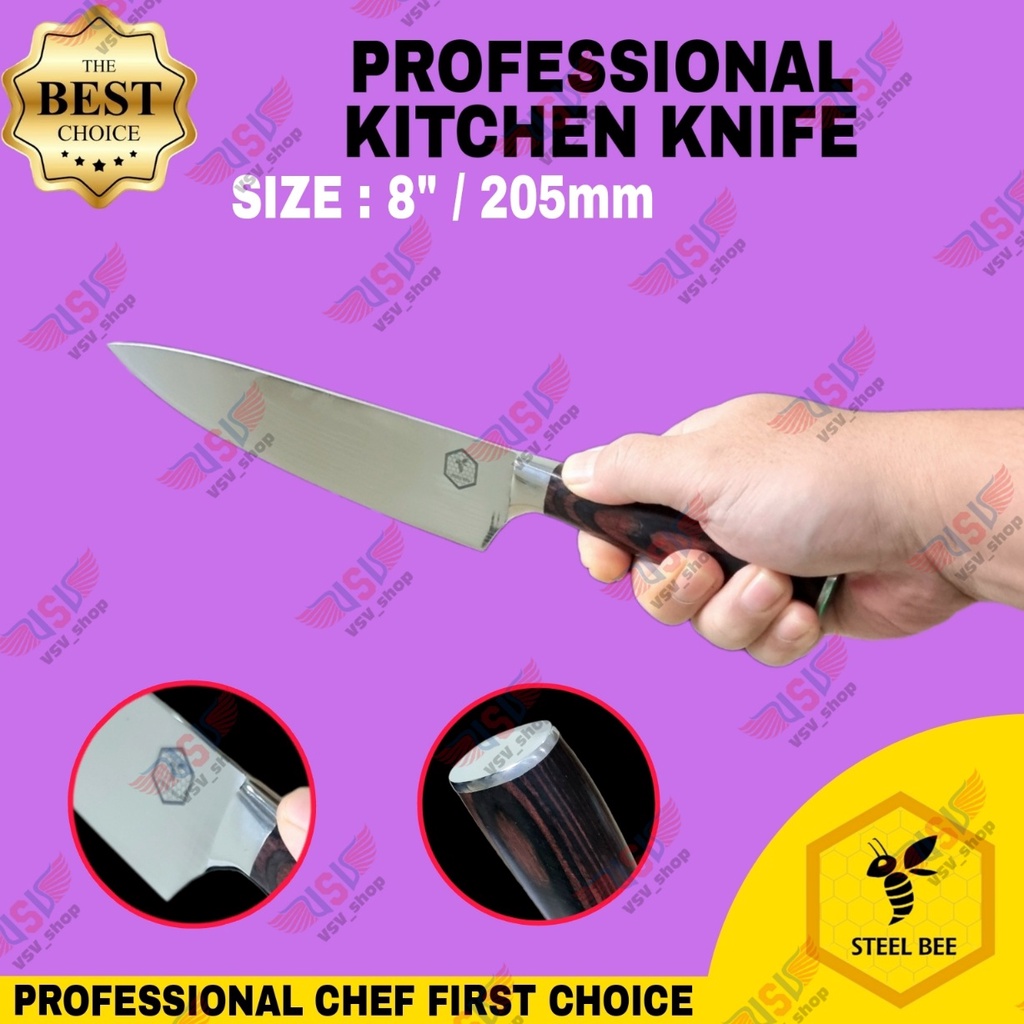 Steel Bee Pisau Dapur Gagang Kayu Premium Chef's Knife 8&quot; Tahan Karat