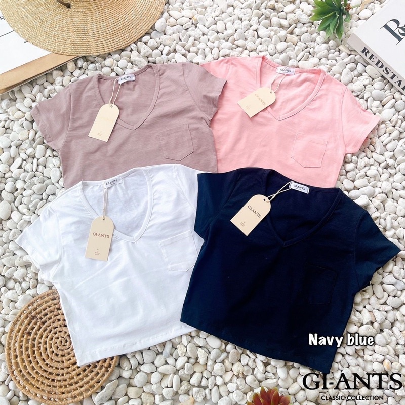 306 BAJU WANITA KAOS GIANTS BASIC VNECK CROP TOP KANTONG DEPAN STRETCH ORIGINAL BANGKOK
