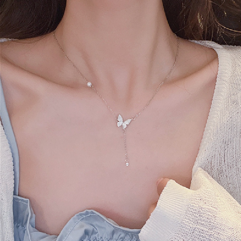 Kalung Choker Rantai Klavikula Hias Liontin Pita Rumbai Panjang Bahan Titanium steel Untuk Wanita