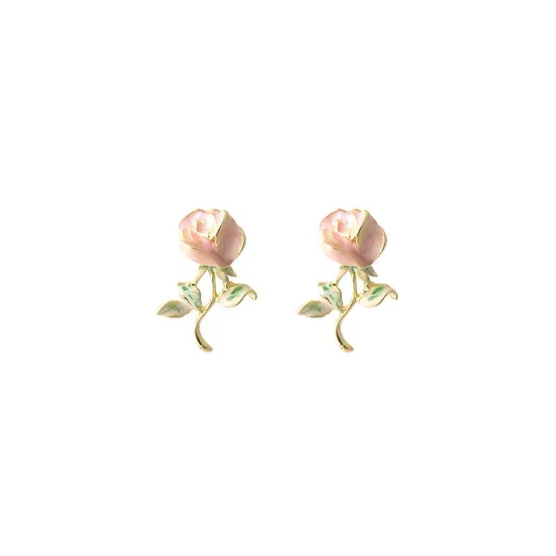 Anting S925 Silver Needle Bentuk Bunga Mawar Warna Pink Untuk Wanita