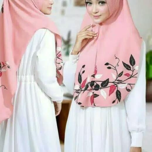 Hijab ORI Khimar Oval Printing Motif Daun Naura Syari - Navy