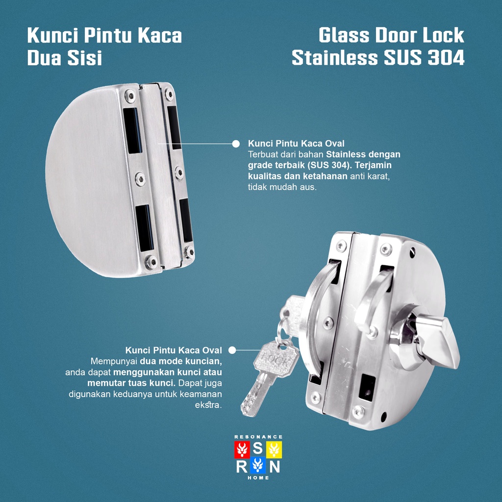 Kunci Pintu Kaca 10-12MM Oval / Kunci Dua Sisi Resonance Home