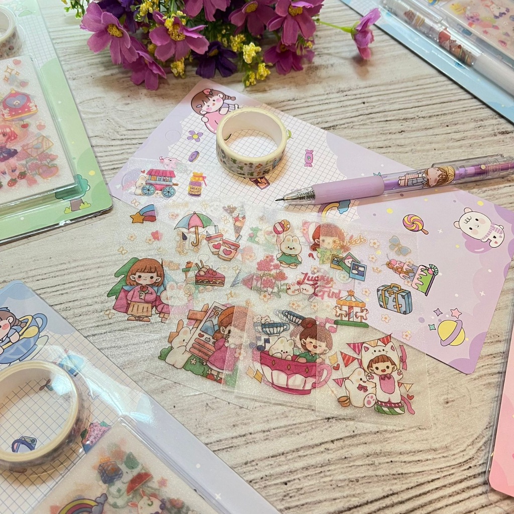 PAKET STICKER DAN WASHI TAPE CUTE LUCU 1 SET LENGKAP HARGA SUPER MURAH PAKET MINI ISI STIKER WASHITAPE &amp; PEMOTONGNYA PREMIUM TERBAIK BISA GROSIR DAN COD