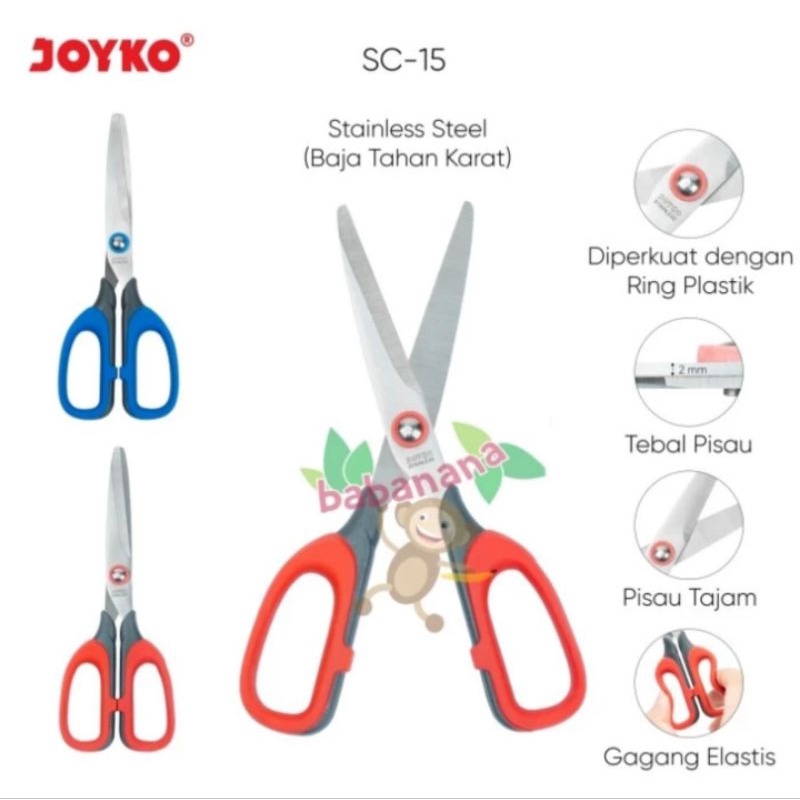 Gunting Joyko SC-15 Merah Scissors pemotong kertas Elastic Handle