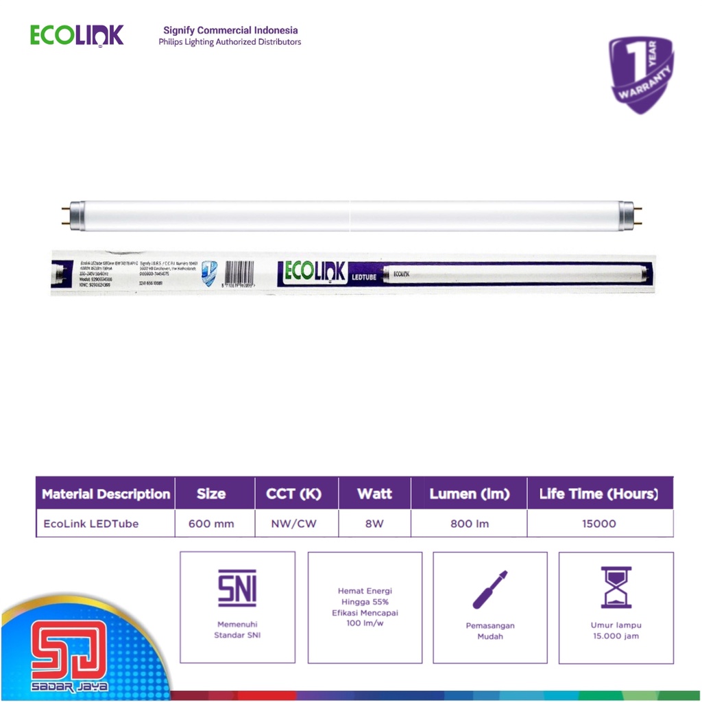 ECOLINK Lampu Neon 60cm 8W LED Tube 8Watt 8 Watt - 4000K Kuning Cerah