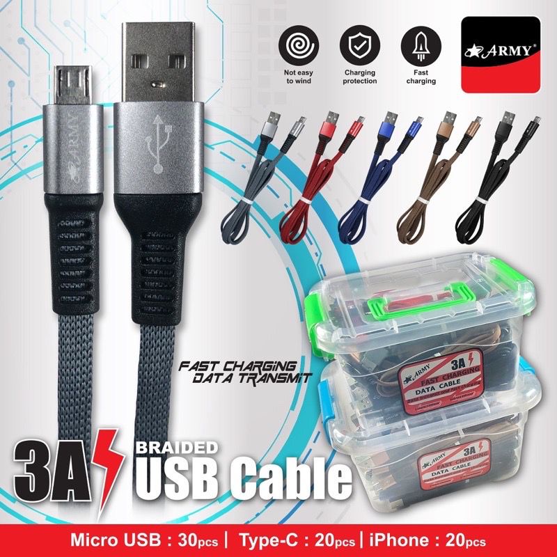 KABEL DATA ARMY 5 Amper LIGHTNING/TYPE C/MICRO / BISA TOPLES ATAU SATUAN