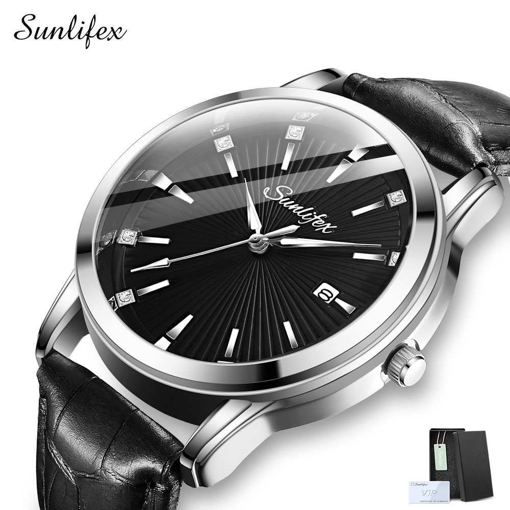 Sunlifex Jam Tangan Pria Kuarsa Anti Air Pria Tali Kulit  Bisnis Mode Kalender Jam Tangan Cowok