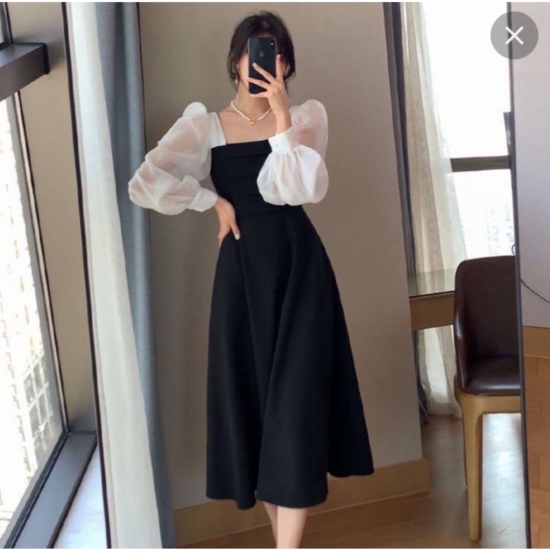Dress korea dress hitam putih rok korea