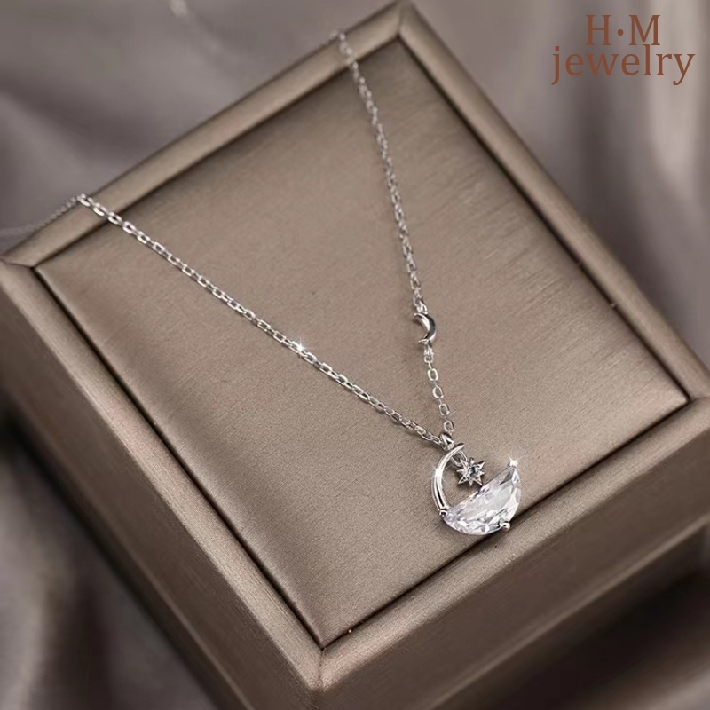 Kalung Rantai Sterling Silver 925 Dengan Liontin Bulan Sabit + Berlian Imitasi Untuk Wanita