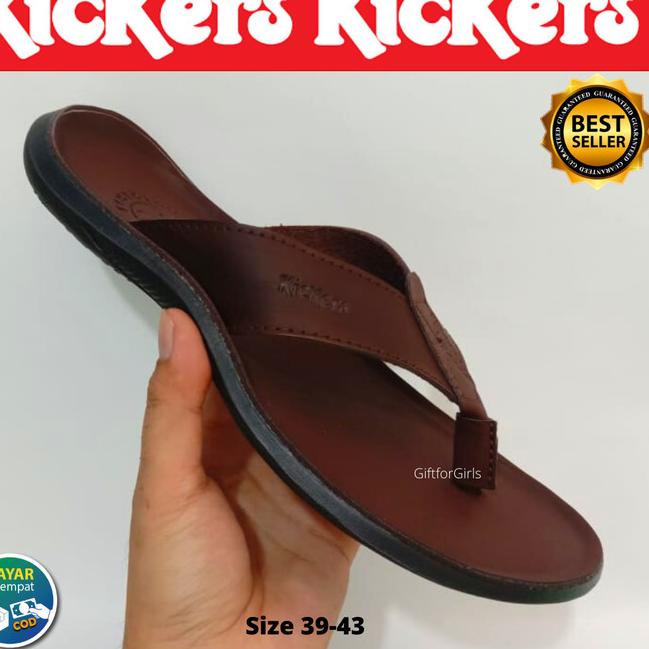 Kickers Original Sendal Jepit Kulit Asli Pria Sandal Cowok Formal - Hitam, 43