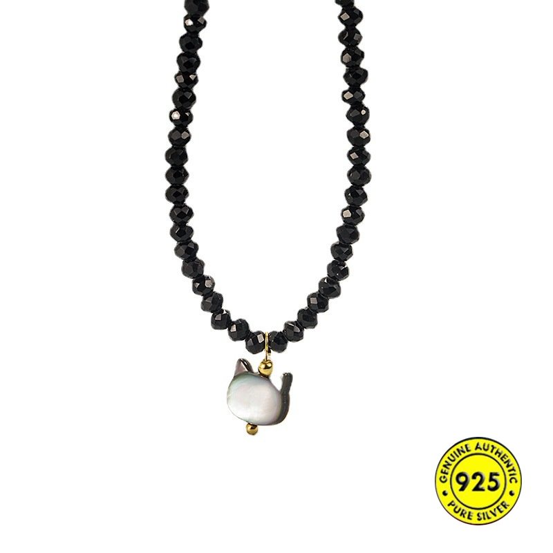 Kalung Rantai Panjang Liontin Kucing + Kerang Lucu Warna Hitam Untuk Wanita U1385